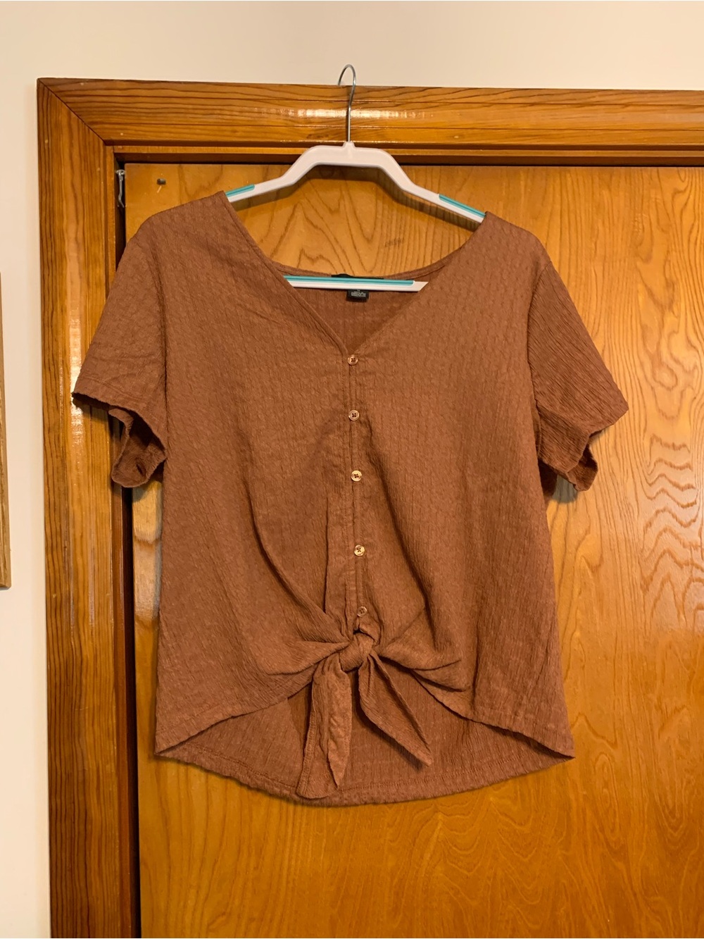 Women's Front-Tie Button V-Neck Top - Brown medium